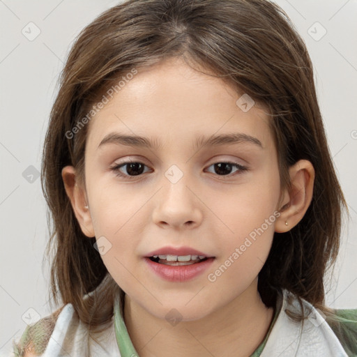 Joyful white child female with medium  brown hair and brown eyes