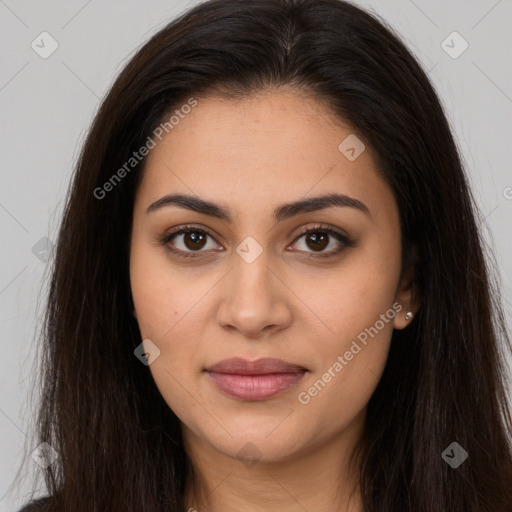 Joyful latino young-adult female with long  brown hair and brown eyes