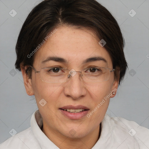 Joyful white adult female with short  brown hair and brown eyes