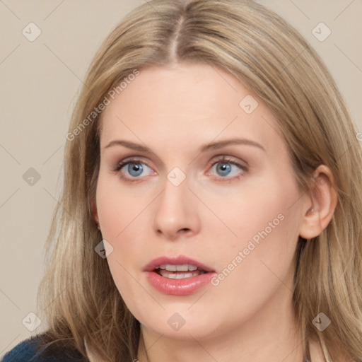 Neutral white young-adult female with long  brown hair and grey eyes