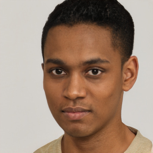 Neutral black young-adult male with short  black hair and brown eyes