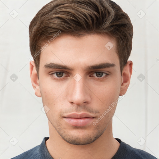 Neutral white young-adult male with short  brown hair and brown eyes