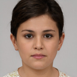 Neutral white young-adult female with short  brown hair and brown eyes