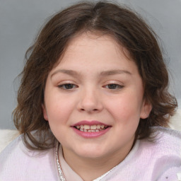 Joyful white child female with medium  brown hair and blue eyes