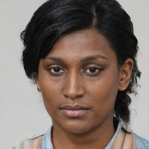 Neutral asian young-adult female with medium  black hair and brown eyes