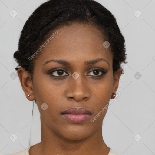 Neutral black young-adult female with short  brown hair and brown eyes