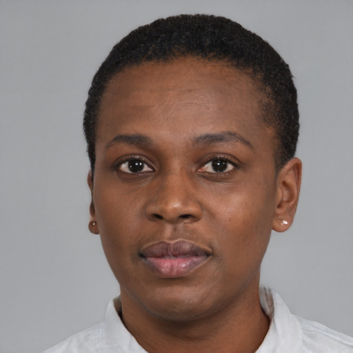Neutral black young-adult female with short  black hair and brown eyes