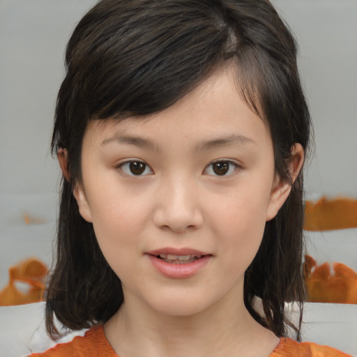 Joyful white child female with medium  brown hair and brown eyes