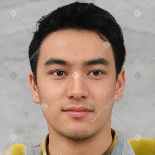 Neutral asian young-adult male with short  black hair and brown eyes