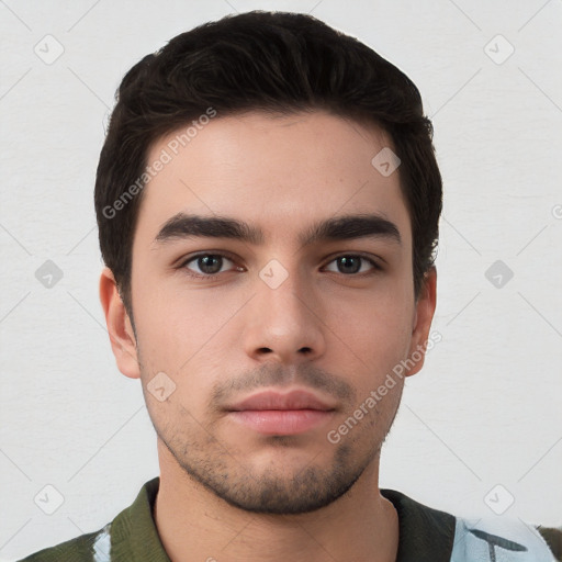 Neutral white young-adult male with short  brown hair and brown eyes