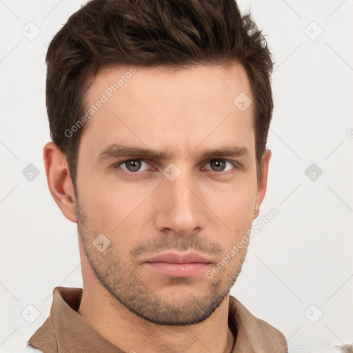 Neutral white young-adult male with short  brown hair and grey eyes