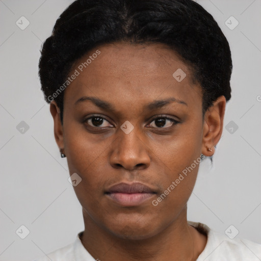 Neutral black young-adult female with short  black hair and brown eyes