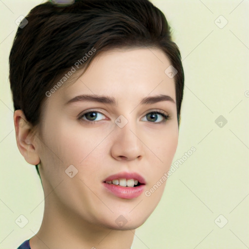 Neutral white young-adult female with short  brown hair and brown eyes