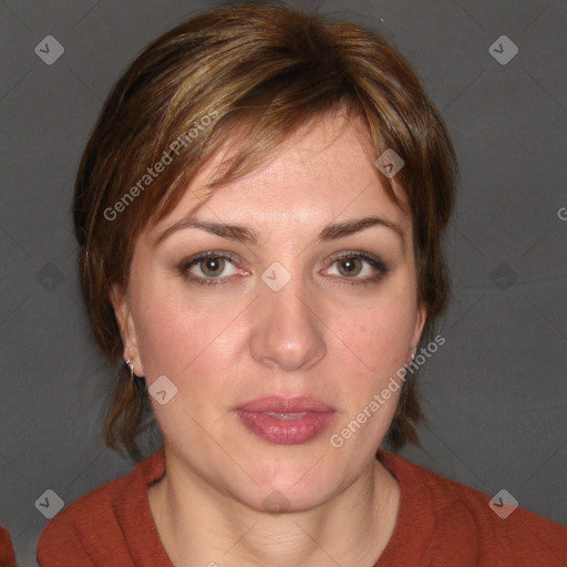 Neutral white young-adult female with medium  brown hair and brown eyes