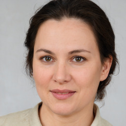 Joyful white adult female with medium  brown hair and brown eyes