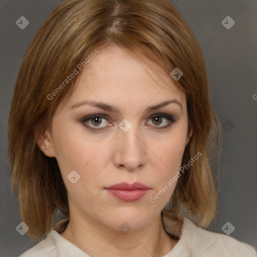 Neutral white young-adult female with medium  brown hair and brown eyes