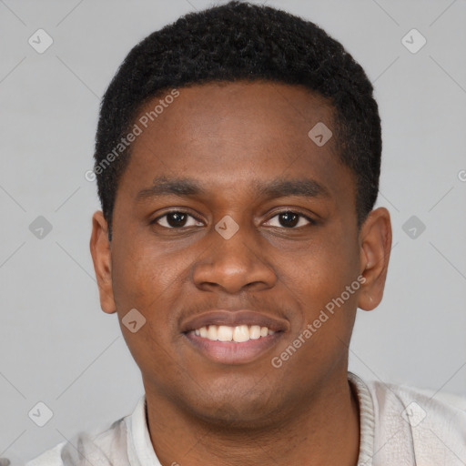 Joyful latino young-adult male with short  brown hair and brown eyes