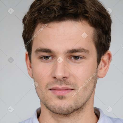 Neutral white young-adult male with short  brown hair and brown eyes