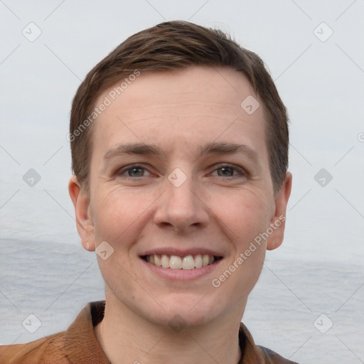 Joyful white young-adult female with short  brown hair and grey eyes