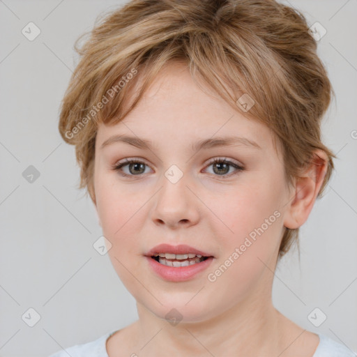 Joyful white young-adult female with medium  brown hair and blue eyes