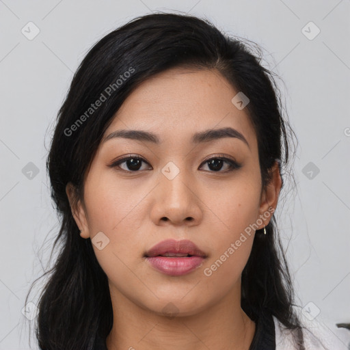 Neutral asian young-adult female with long  black hair and brown eyes