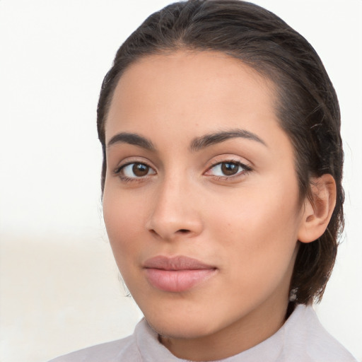 Neutral white young-adult female with medium  brown hair and brown eyes