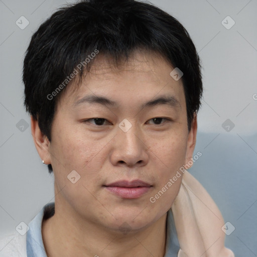 Joyful asian young-adult male with short  brown hair and brown eyes