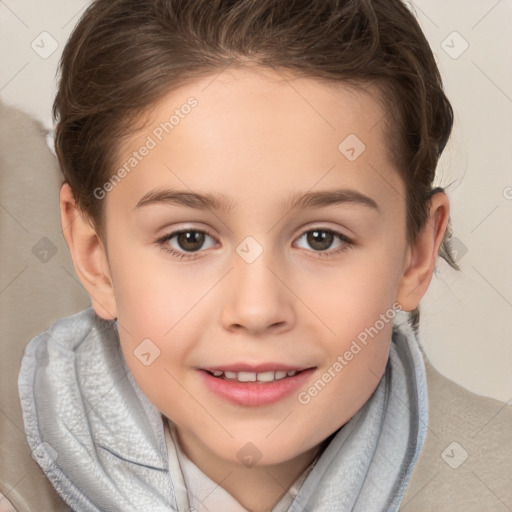 Joyful white child female with short  brown hair and brown eyes