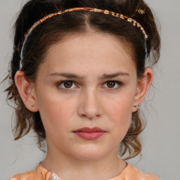 Neutral white young-adult female with medium  brown hair and brown eyes