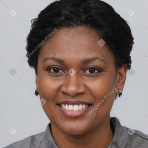 Joyful asian adult female with short  brown hair and brown eyes