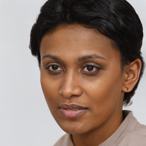 Neutral latino young-adult female with short  black hair and brown eyes
