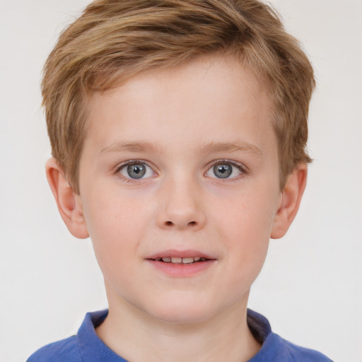 Joyful white child male with short  brown hair and grey eyes