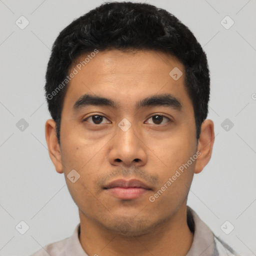 Neutral asian young-adult male with short  black hair and brown eyes