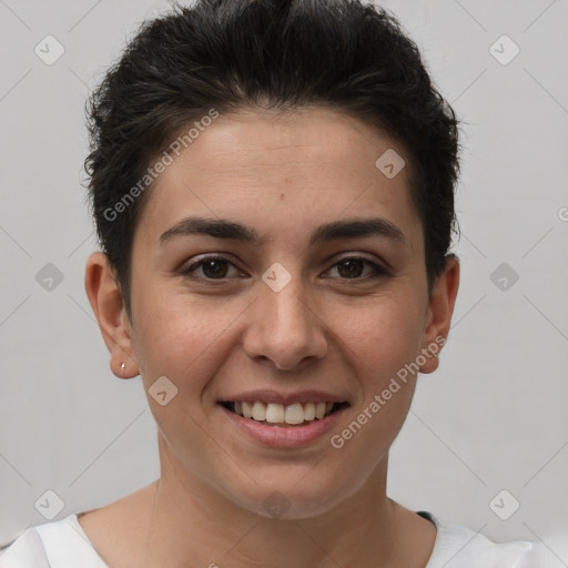 Joyful white young-adult female with short  brown hair and brown eyes