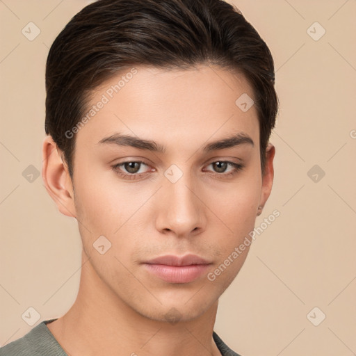 Neutral white young-adult male with short  brown hair and brown eyes