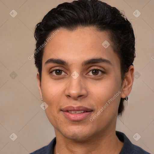 Joyful white young-adult female with short  brown hair and brown eyes