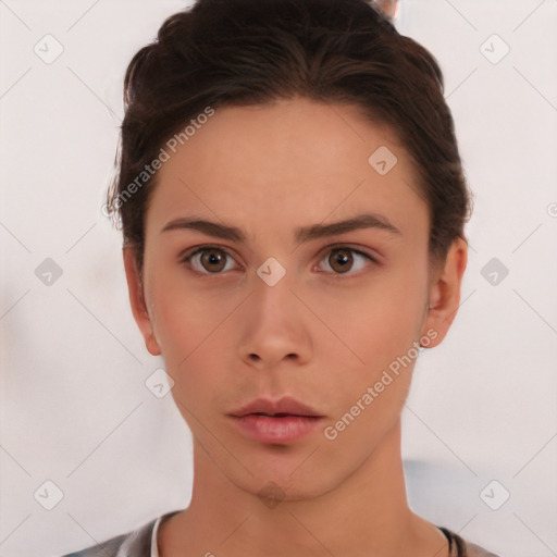 Neutral white young-adult female with short  brown hair and brown eyes