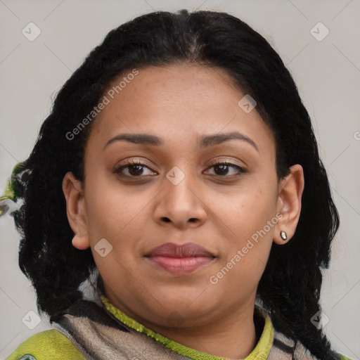 Joyful black young-adult female with medium  brown hair and brown eyes