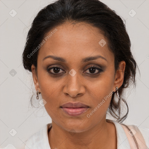 Joyful black young-adult female with medium  brown hair and brown eyes