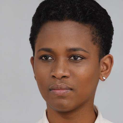 Neutral black young-adult female with short  black hair and brown eyes