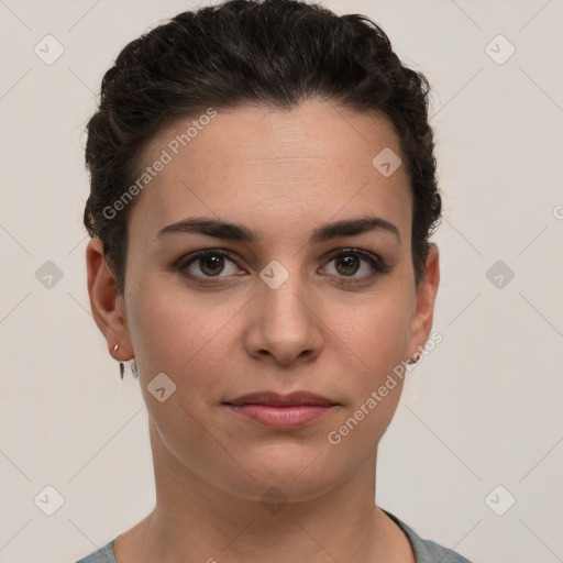 Neutral white young-adult female with short  brown hair and brown eyes