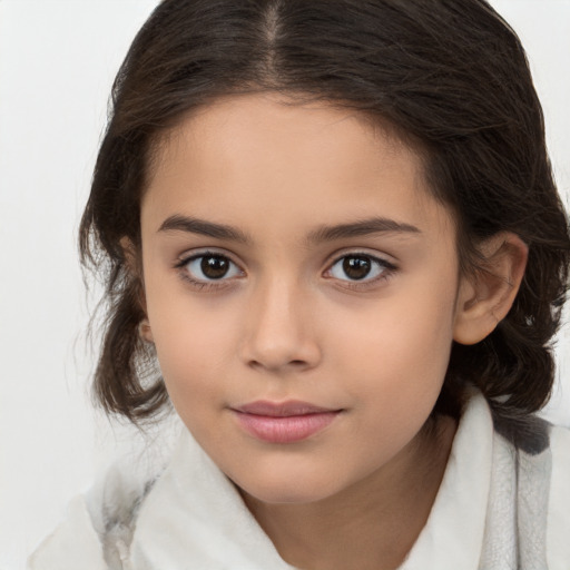 Joyful white child female with medium  brown hair and brown eyes