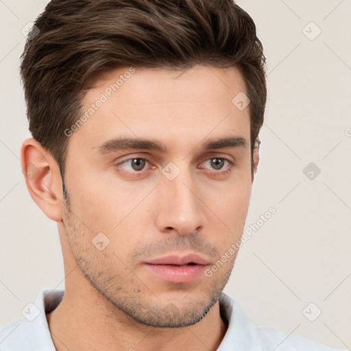 Neutral white young-adult male with short  brown hair and brown eyes