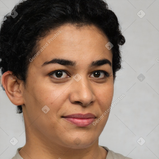 Joyful latino young-adult female with short  brown hair and brown eyes