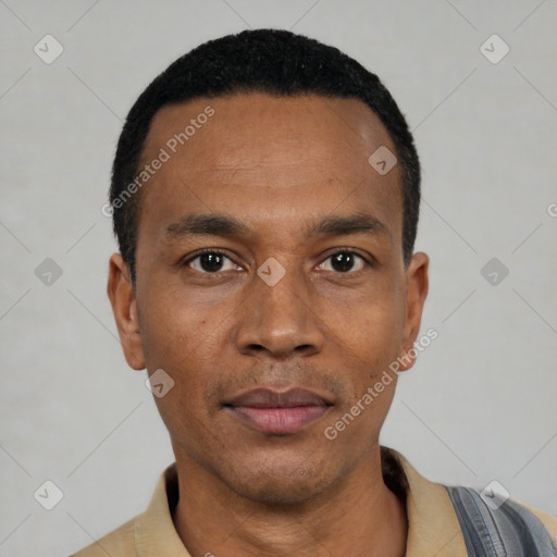 Neutral black young-adult male with short  black hair and brown eyes