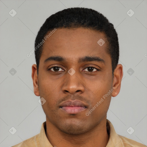 Neutral latino young-adult male with short  black hair and brown eyes