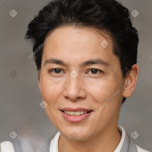 Joyful white adult female with short  brown hair and brown eyes