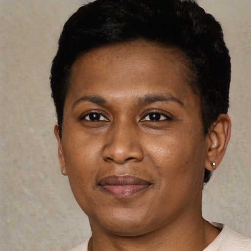 Joyful black young-adult female with short  black hair and brown eyes