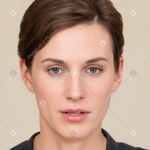 Neutral white young-adult female with short  brown hair and brown eyes