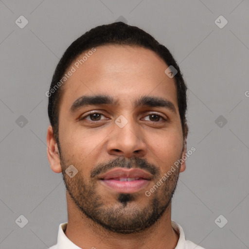 Neutral latino young-adult male with short  black hair and brown eyes